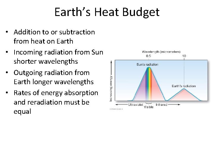 Earth’s Heat Budget • Addition to or subtraction from heat on Earth • Incoming