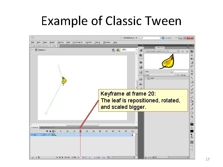 Example of Classic Tween Keyframe at frame 20: The leaf is repositioned, rotated, and