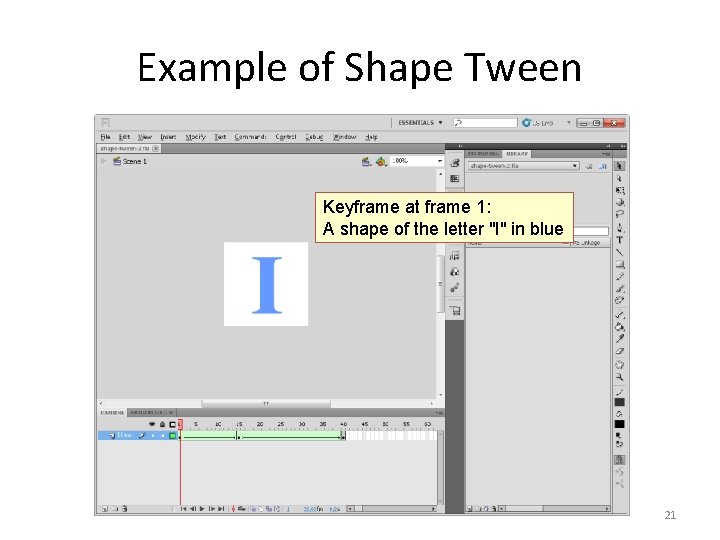 Example of Shape Tween Keyframe at frame 1: A shape of the letter "I"