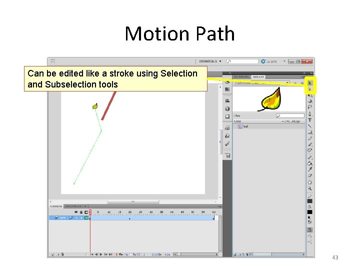 Motion Path Can be edited like a stroke using Selection and Subselection tools 43