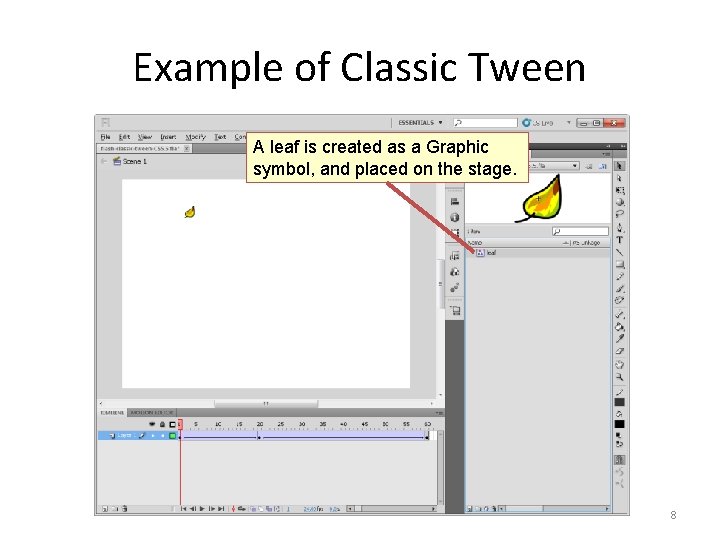 Example of Classic Tween A leaf is created as a Graphic symbol, and placed