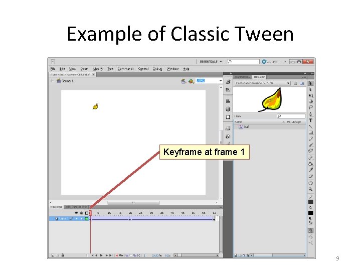 Example of Classic Tween Keyframe at frame 1 9 