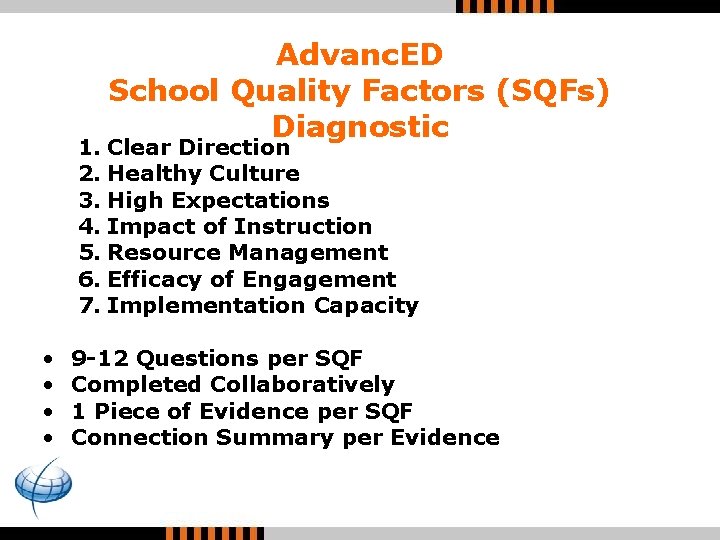 Advanc. ED School Quality Factors (SQFs) Diagnostic 1. Clear Direction 2. Healthy Culture 3.