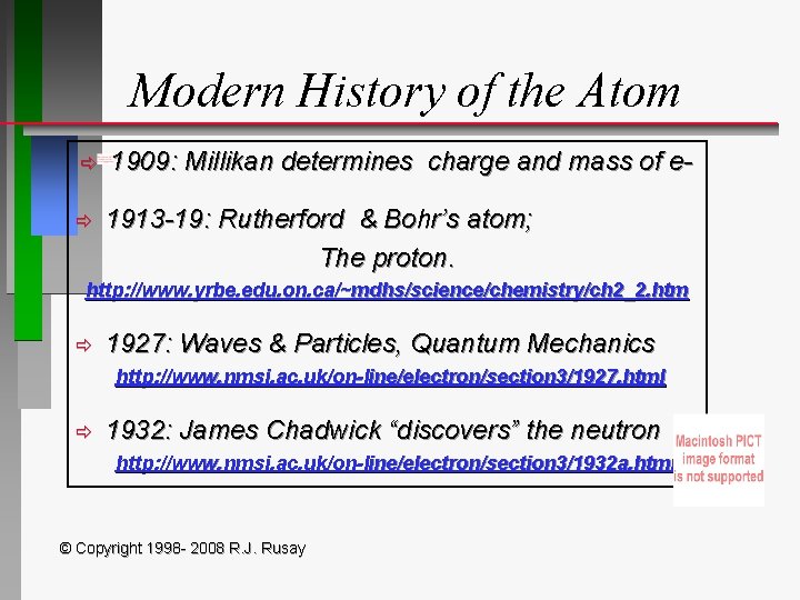 Modern History of the Atom ð 1909: Millikan determines charge and mass of e-