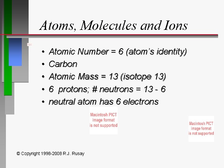 Atoms, Molecules and Ions • • • Atomic Number = 6 (atom’s identity) Carbon