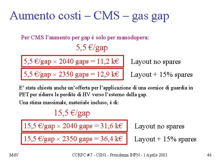 Aumento costi – CMS – gas gap Per CMS l’aumento per gap è solo