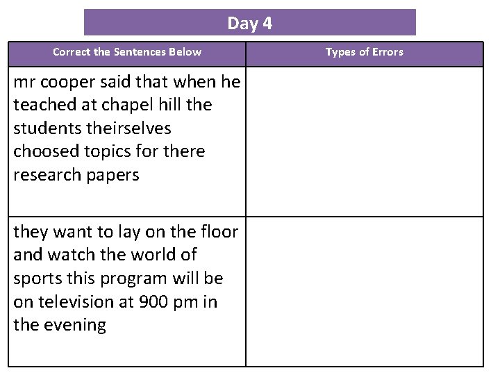 Day 4 Correct the Sentences Below mr cooper said that when he teached at