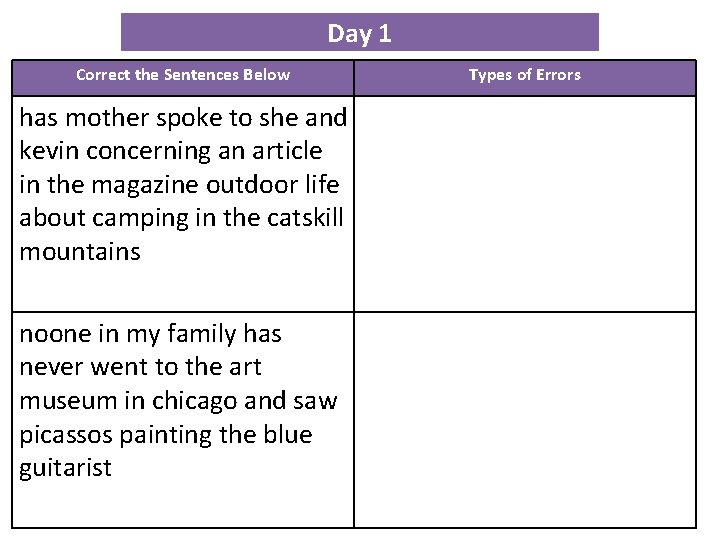 Day 1 Correct the Sentences Below has mother spoke to she and kevin concerning