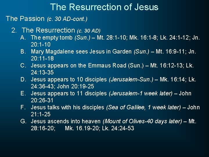 The Resurrection of Jesus The Passion (c. 30 AD-cont. ) 2. The Resurrection (c.