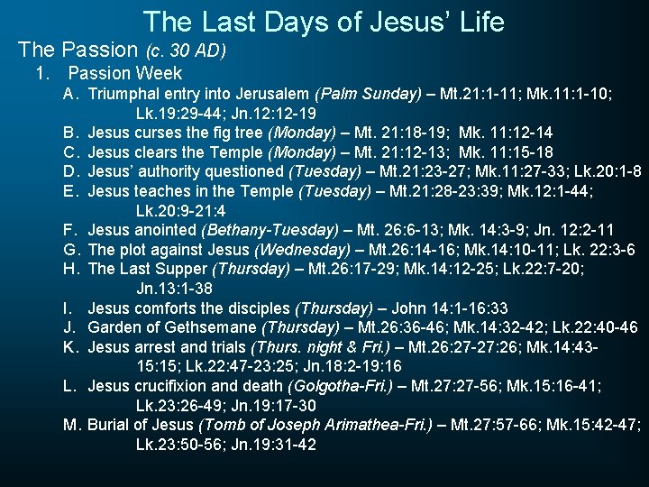 The Last Days of Jesus’ Life The Passion (c. 30 AD) 1. Passion Week