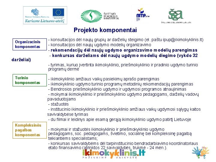 Projekto komponentai Organizacinis komponentas darželiai) - konsultacijos dėl naujų grupių ar darželių steigimo (el.