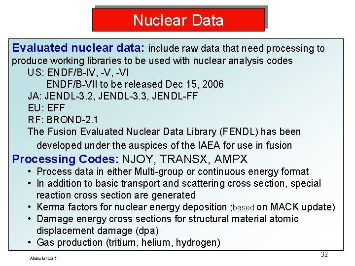 Nuclear Data Evaluated nuclear data: include raw data that need processing to produce working