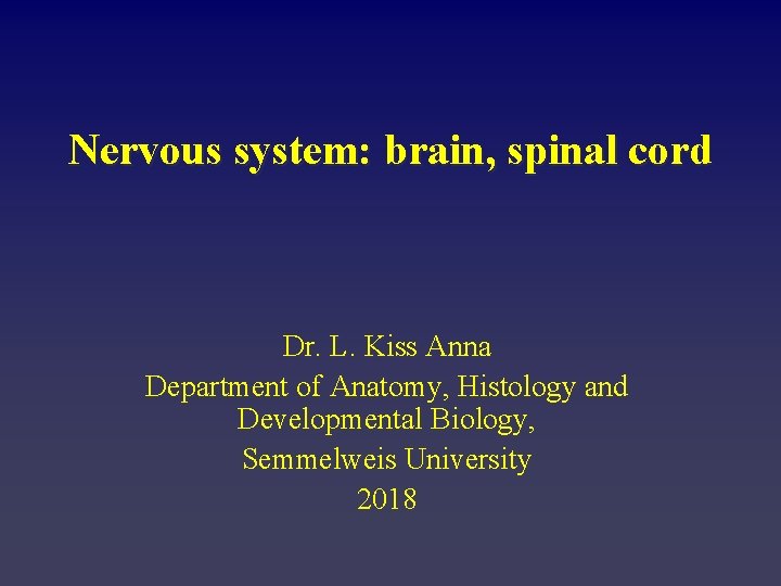 Nervous system: brain, spinal cord Dr. L. Kiss Anna Department of Anatomy, Histology and