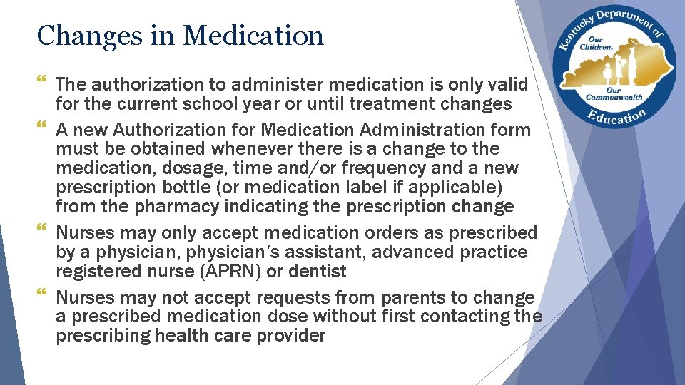 Changes in Medication } The authorization to administer medication is only valid for the