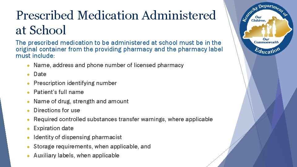 Prescribed Medication Administered at School The prescribed medication to be administered at school must