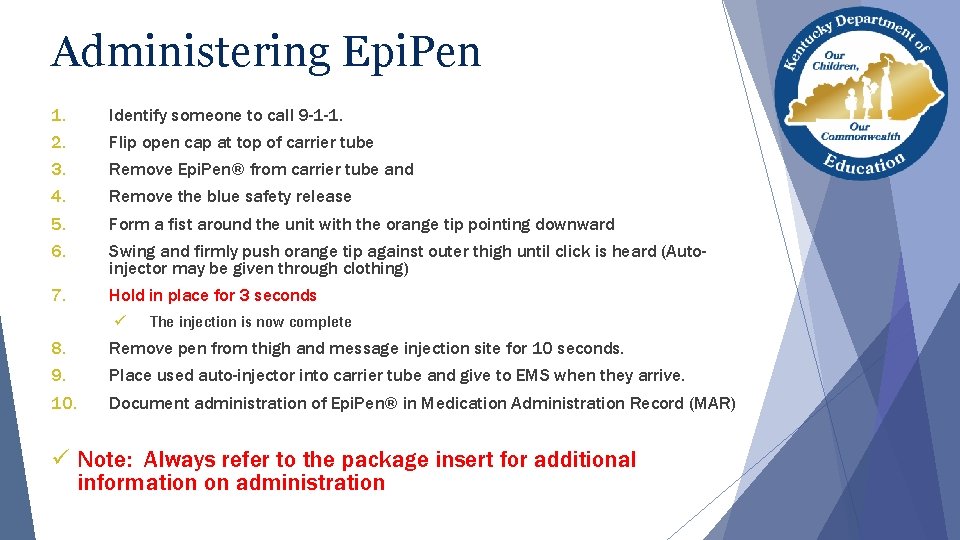 Administering Epi. Pen 1. 2. 3. 4. 5. 6. Identify someone to call 9