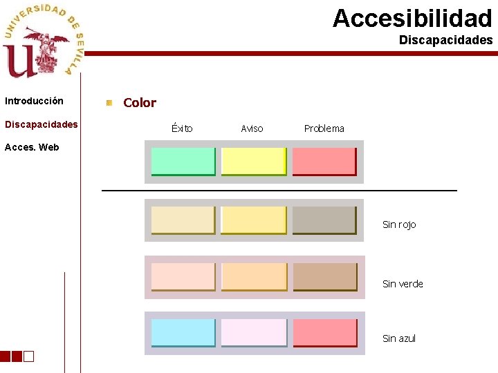 Accesibilidad Discapacidades Introducción Discapacidades Color Éxito Aviso Problema Acces. Web Sin rojo Sin verde