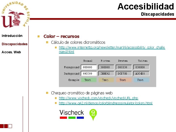 Accesibilidad Discapacidades Introducción Discapacidades Acces. Web Color – recursos Cálculo de colores dicromáticos http: