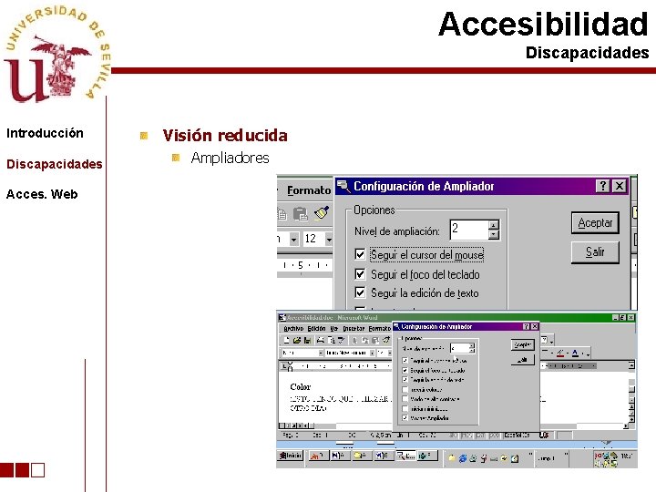 Accesibilidad Discapacidades Introducción Discapacidades Acces. Web Visión reducida Ampliadores 
