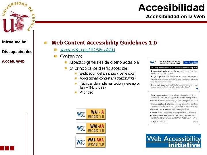 Accesibilidad en la Web Introducción Discapacidades Acces. Web Content Accessibility Guidelines 1. 0 www.