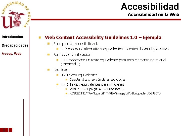 Accesibilidad en la Web Introducción Web Content Accessibility Guidelines 1. 0 – Ejemplo Discapacidades