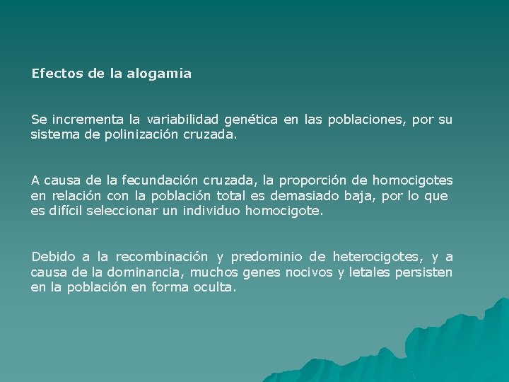 Efectos de la alogamia Se incrementa la variabilidad genética en las poblaciones, por su