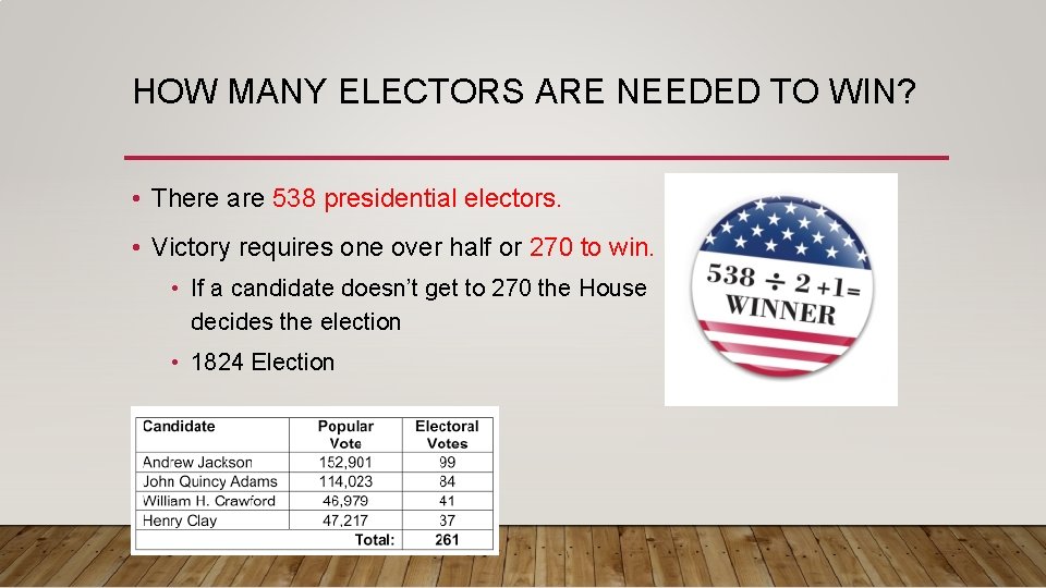 HOW MANY ELECTORS ARE NEEDED TO WIN? • There are 538 presidential electors. •