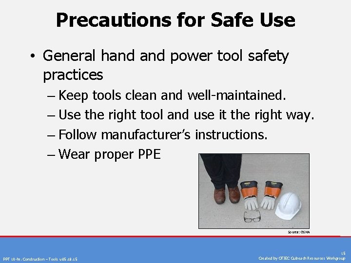 Precautions for Safe Use • General hand power tool safety practices – Keep tools