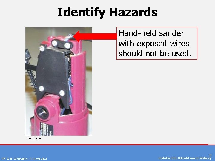 Identify Hazards Hand-held sander with exposed wires should not be used. Source: NIOSH PPT