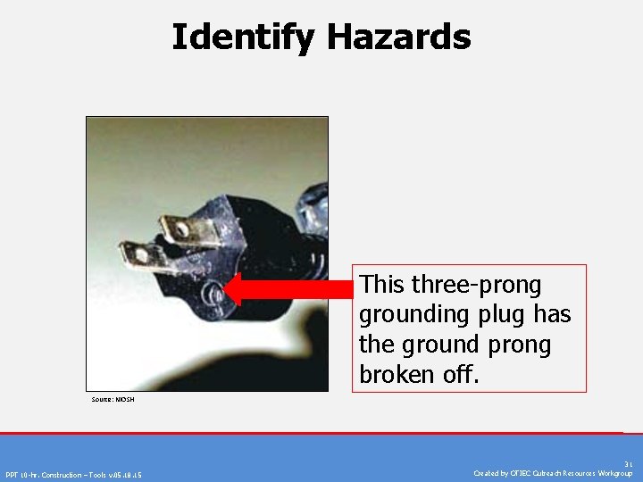 Identify Hazards This three-prong grounding plug has the ground prong broken off. Source: NIOSH