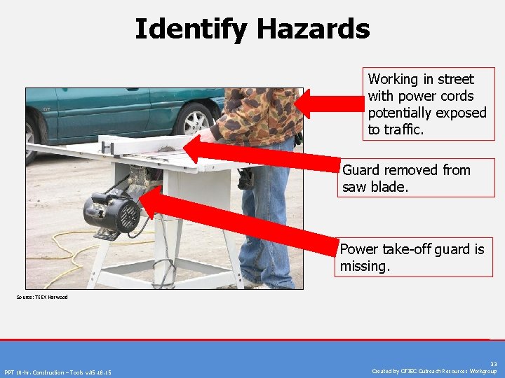 Identify Hazards Working in street with power cords potentially exposed to traffic. Guard removed