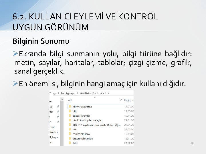 6. 2. KULLANICI EYLEMİ VE KONTROL UYGUN GÖRÜNÜM Bilginin Sunumu ØEkranda bilgi sunmanın yolu,