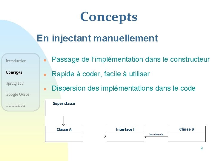 Concepts En injectant manuellement Introduction Concepts n Passage de l’implémentation dans le constructeur n