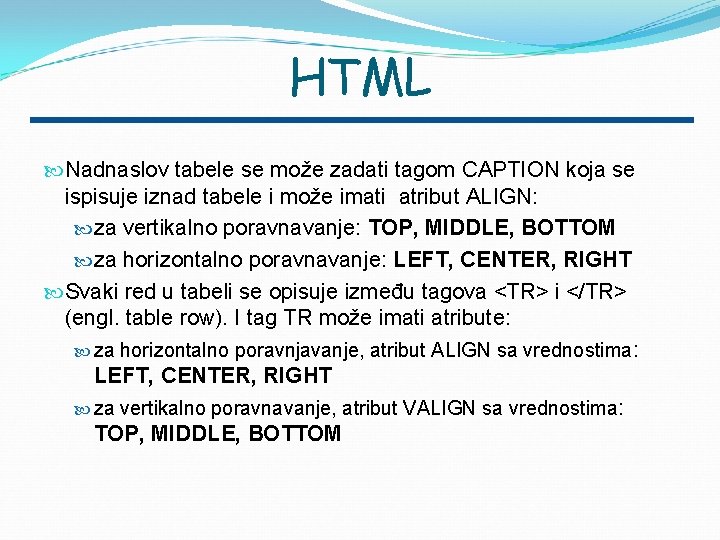 HTML Nadnaslov tabele se može zadati tagom CAPTION koja se ispisuje iznad tabele i