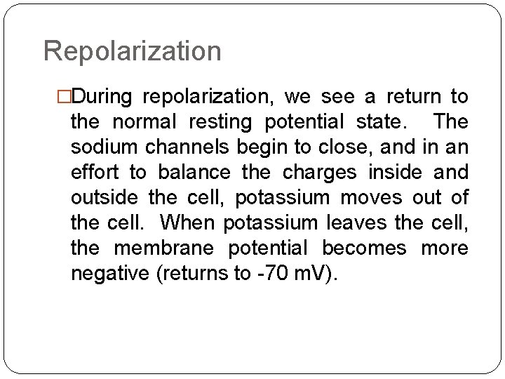 Repolarization �During repolarization, we see a return to the normal resting potential state. The Repolarization �During repolarization, we see a return to the normal resting potential state. The