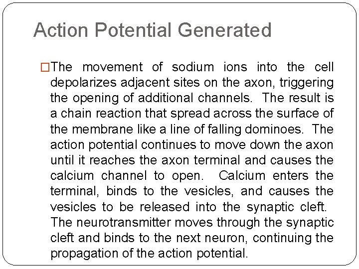 Action Potential Generated �The movement of sodium ions into the cell depolarizes adjacent sites Action Potential Generated �The movement of sodium ions into the cell depolarizes adjacent sites