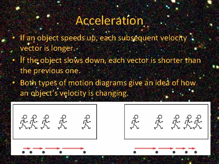 Acceleration • If an object speeds up, each subsequent velocity vector is longer. •
