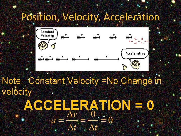Position, Velocity, Acceleration Note: Constant Velocity =No Change in velocity ACCELERATION = 0 