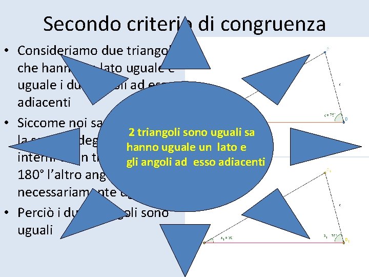 Secondo criterio di congruenza • Consideriamo due triangoli che hanno un lato uguale e