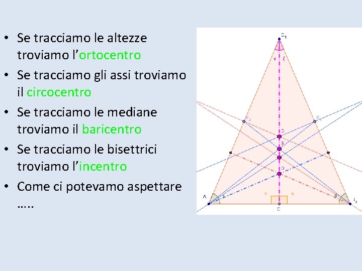  • Se tracciamo le altezze troviamo l’ortocentro • Se tracciamo gli assi troviamo