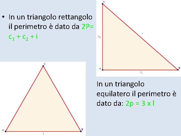  • In un triangolo rettangolo il perimetro è dato da 2 P= c