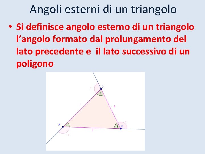Angoli esterni di un triangolo • Si definisce angolo esterno di un triangolo l’angolo