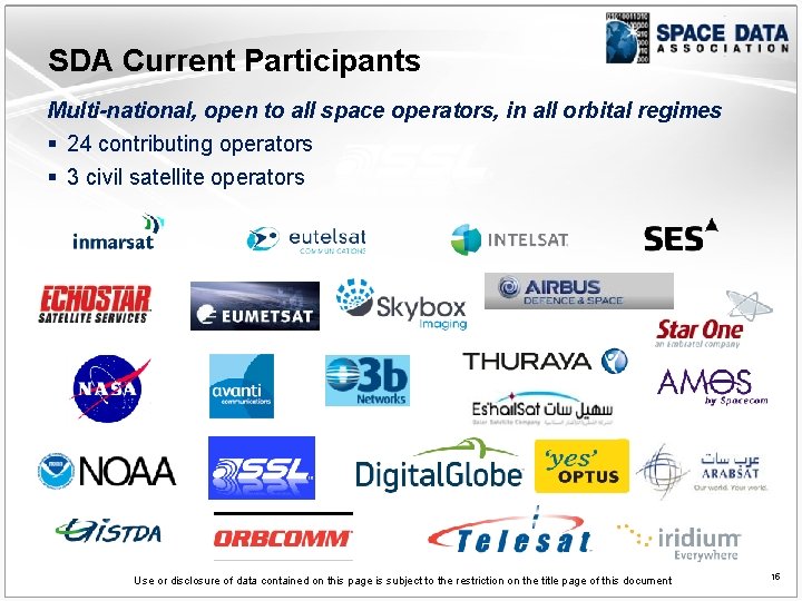 SDA Current Participants Multi-national, open to all space operators, in all orbital regimes §