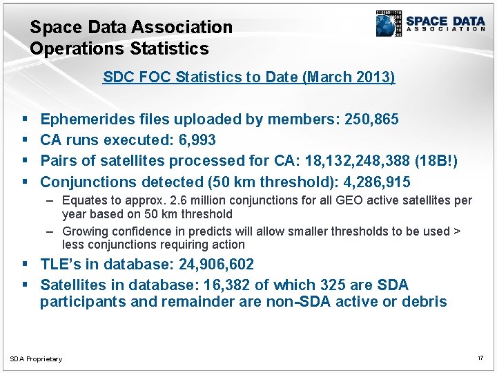 Space Data Association Operations Statistics SDC FOC Statistics to Date (March 2013) § §