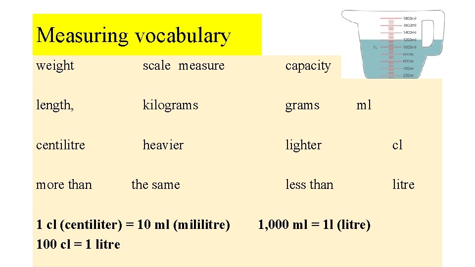 Measuring vocabulary weight scale measure capacity length, kilograms centilitre heavier lighter cl less than