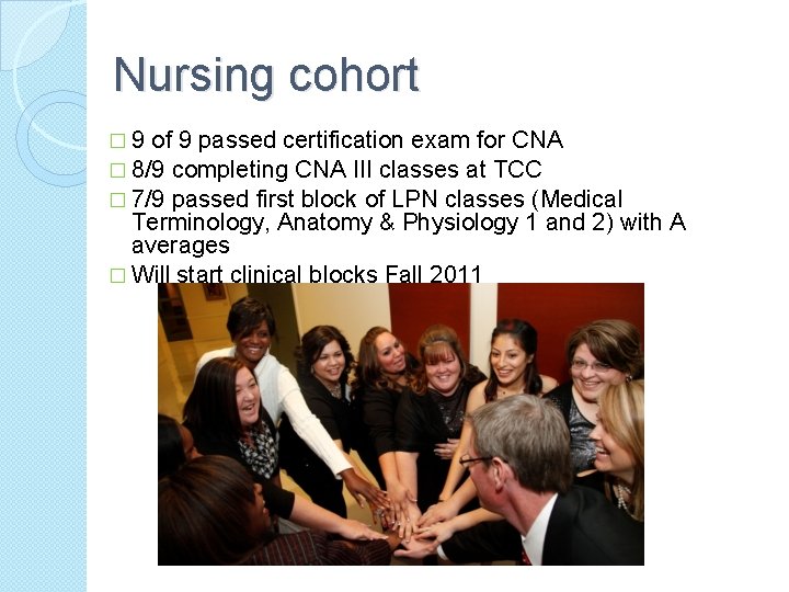 Nursing cohort � 9 of 9 passed certification exam for CNA � 8/9 completing