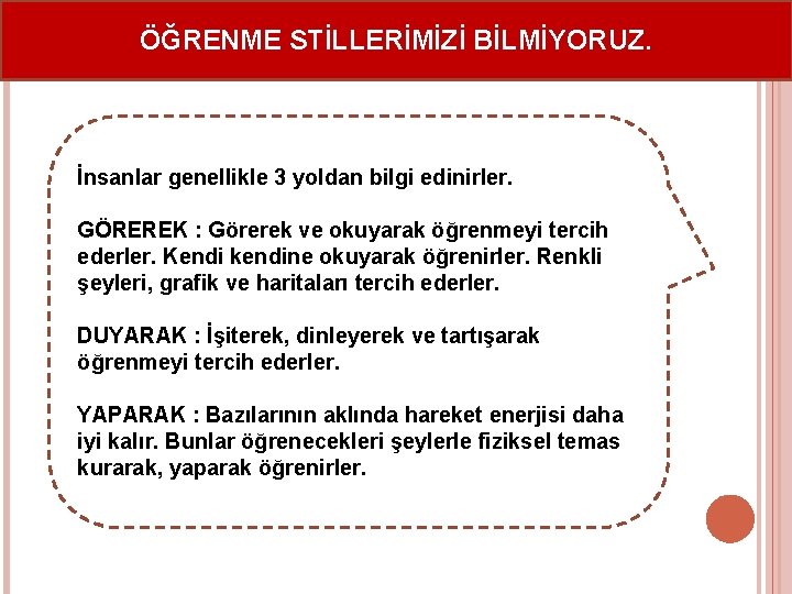 ÖĞRENME STİLLERİMİZİ BİLMİYORUZ. İnsanlar genellikle 3 yoldan bilgi edinirler. GÖREREK : Görerek ve okuyarak ÖĞRENME STİLLERİMİZİ BİLMİYORUZ. İnsanlar genellikle 3 yoldan bilgi edinirler. GÖREREK : Görerek ve okuyarak
