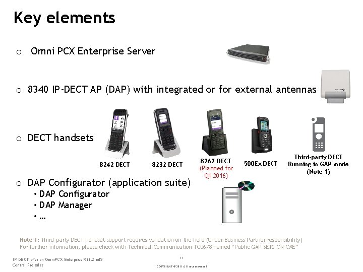 Key elements o Omni PCX Enterprise Server o 8340 IP-DECT AP (DAP) with integrated