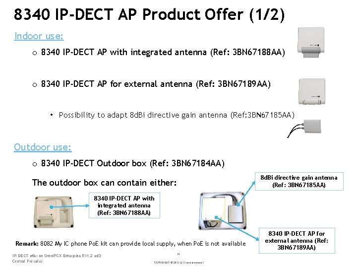 8340 IP-DECT AP Product Offer (1/2) Indoor use: o 8340 IP-DECT AP with integrated