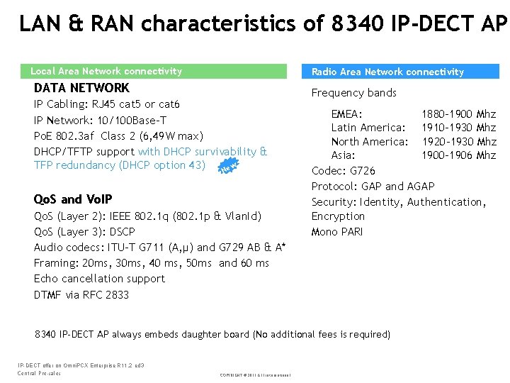 LAN & RAN characteristics of 8340 IP-DECT AP Local Area Network connectivity Radio Area